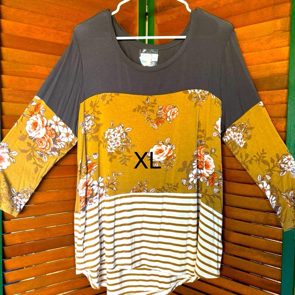 Floral Striped Women's Top - Mustard and Gray
